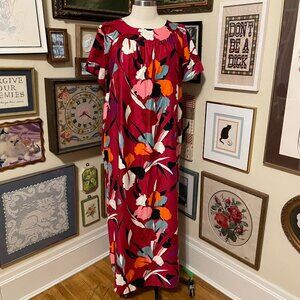 Vintage Sears Red 100% Cotton Floral Short Sleeve Midi Dress with Pockets Size L